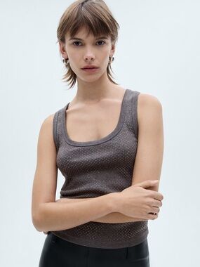 Mango Taupe Knit Tank Top with Metallic Stud Accents